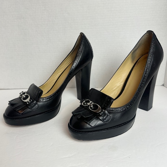 Coach Lynne Black Leather Platform Pumps Heels Size 9.5 Stacked Heel Fringe - Picture 3 of 16